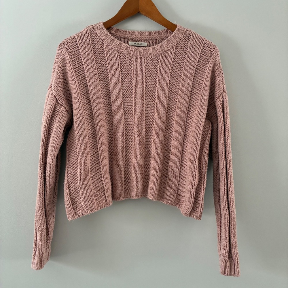 PacSun Womens XS Dusty Rose Ribbed Chunky Knit Cropped Crewneck Sweater RN090233